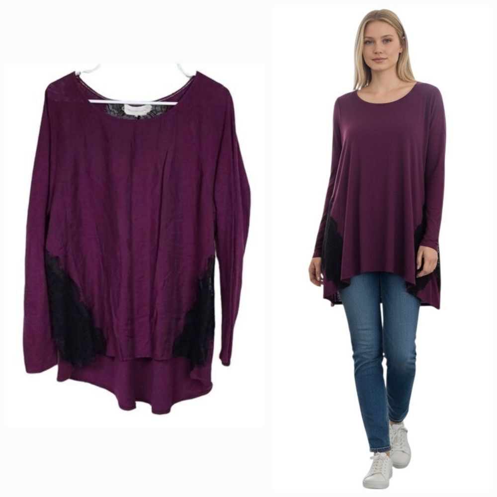 Two by Vince Camuto Purple Black Lace Tunic Large Long Sleeve Knit Swing Top